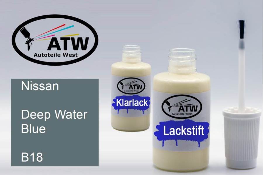 Nissan, Deep Water Blue, B18: 20ml Lackstift + 20ml Klarlack - Set, von ATW Autoteile West.